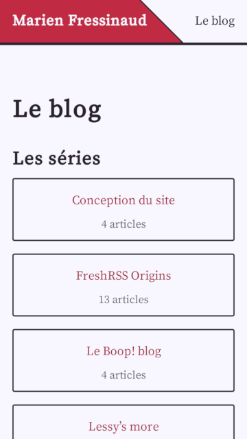 Capture d’écran de la page principale du blog où l’on voit les blocs des séries en colonne